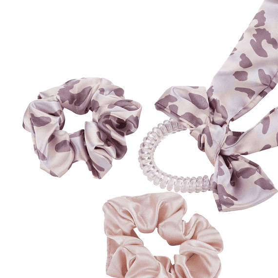 Twisted elastic with ribbon and a double-pack of scrunchies, plain and in leopard print, purple