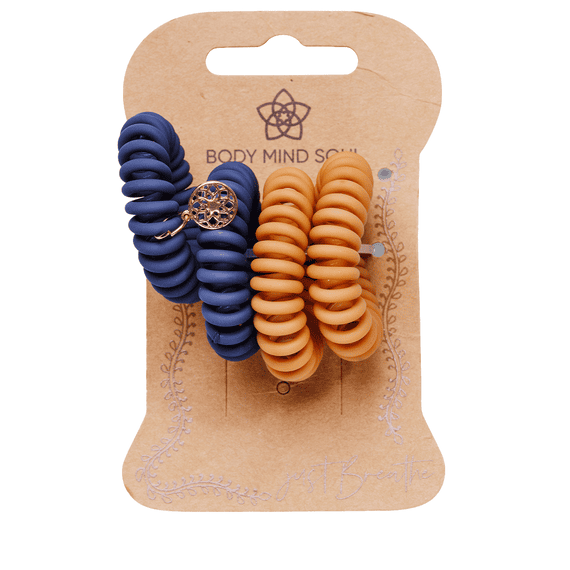 Elastique à cheveux spirale Yoga de 4 cm, par 4, mat, camel et bleu fumé