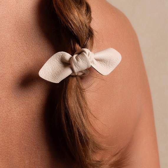 Leather Bow Small Hair Tie Cream