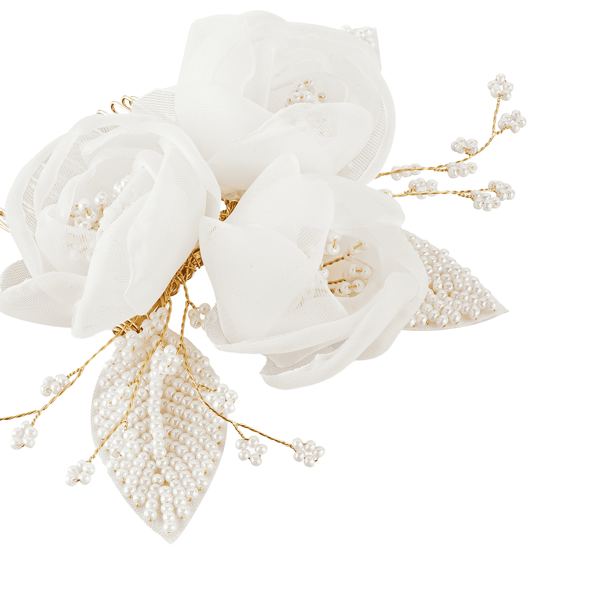 Hair comb in delicate gold with fabric flowers and beaded leaves