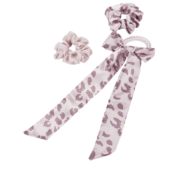 Twisted elastic with ribbon and a double-pack of scrunchies, plain and in leopard print, purple