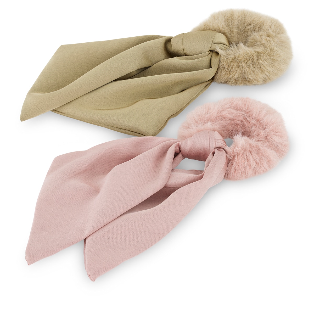 Fausse Fourrure Scrunchie avec Noeud en Satin - rose et beige