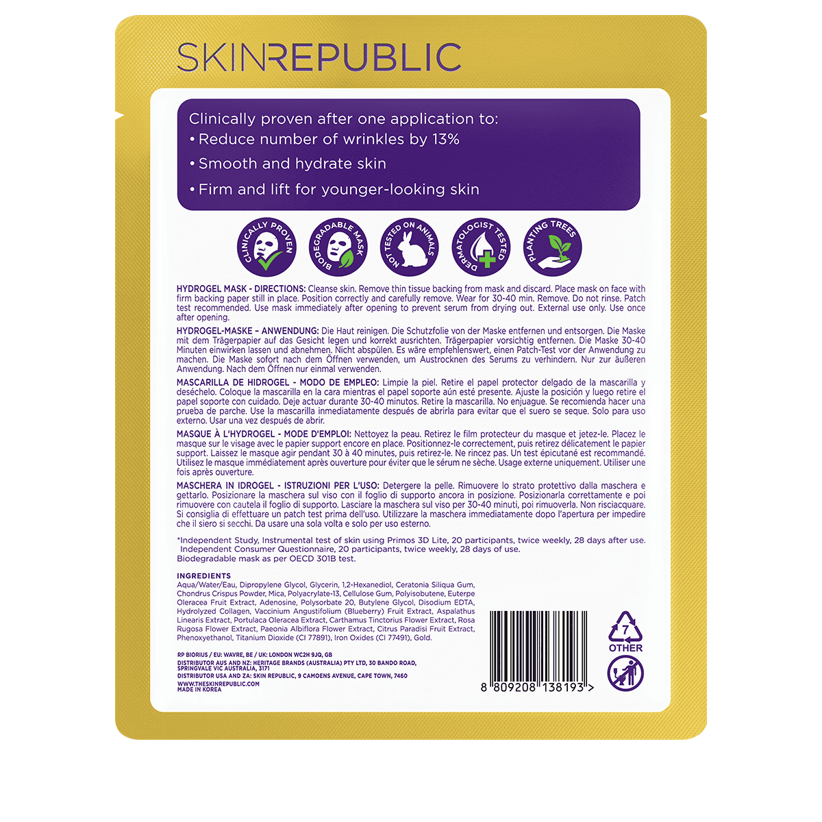 Masque Visage Hydrogel Or
