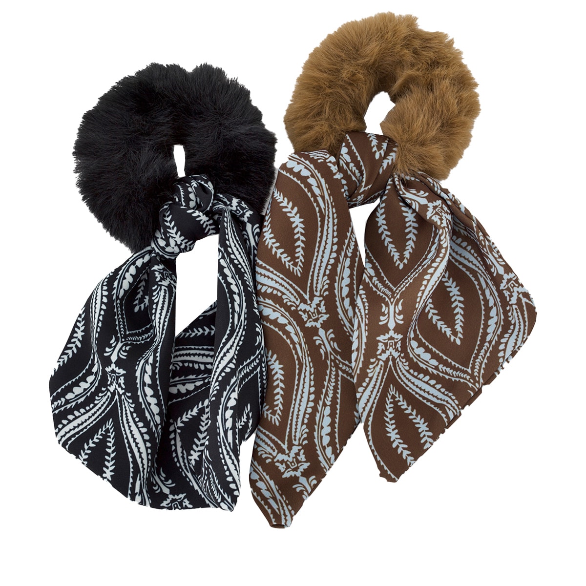Fausse Fourrure Scrunchie avec Noeud en Satin - marron et noir