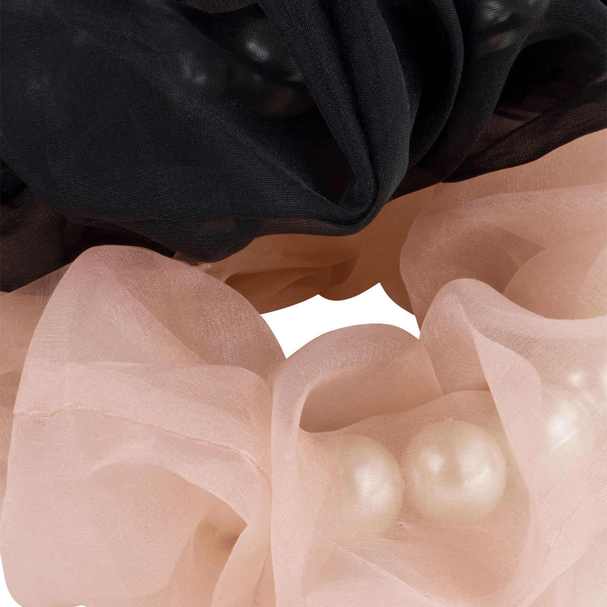 Deux scrunchies transparents en mousseline sur chouchou en perles, noir, rose,
