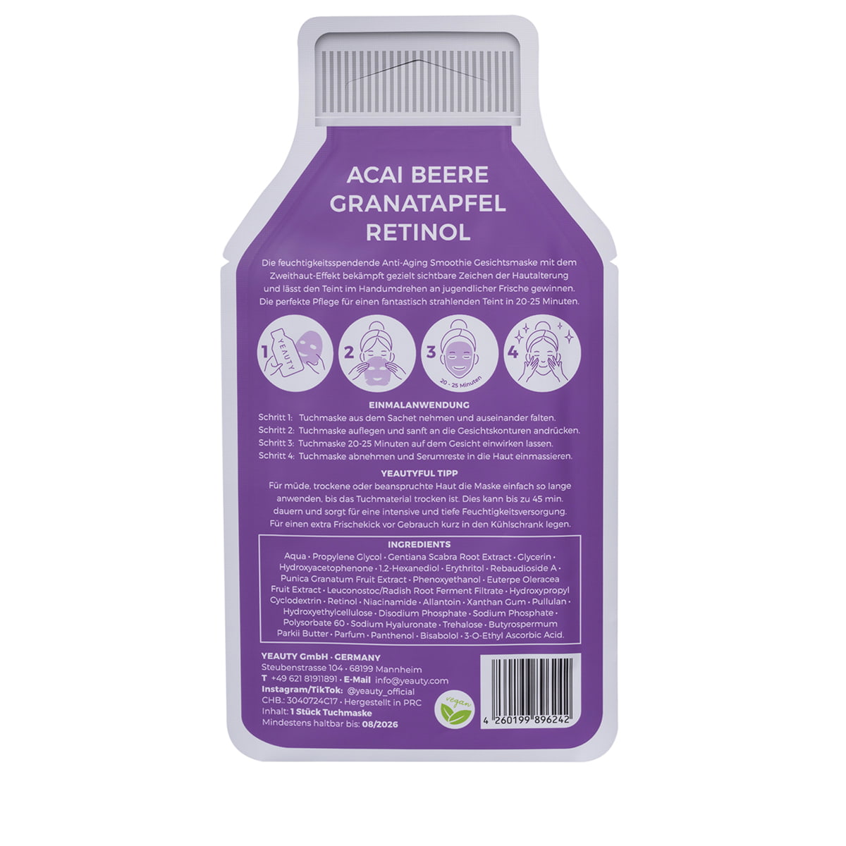 Sheet Mask Acai Berry, Pomegranate, Retinol