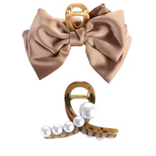 Hair Clip With Pearls And Hair Clip With Bow - Brown