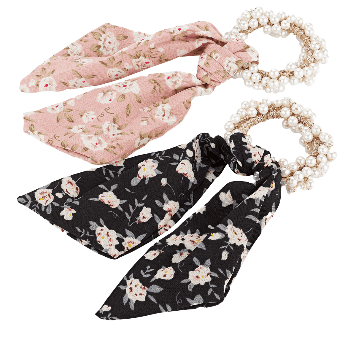 Beaded scrunchie with ribbon, dusty rose and black, 2 pieces