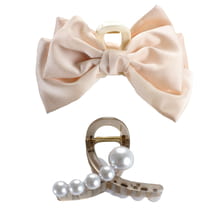Hair Clip With Pearls And Hair Clip With Bow - Beige