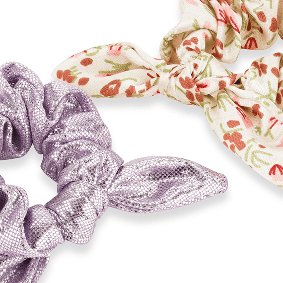 Scrunchie with ribbon for children, printed and glossy material, 5 cm diameter, 2 pieces
