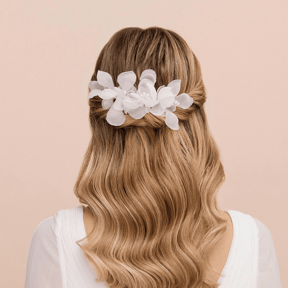 Forcina per capelli con fiori di tulle e perle, bianco, 2 pezzi
