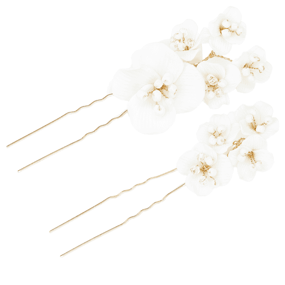 Hairpin with enamel flowers and pearls, white, 2 pack