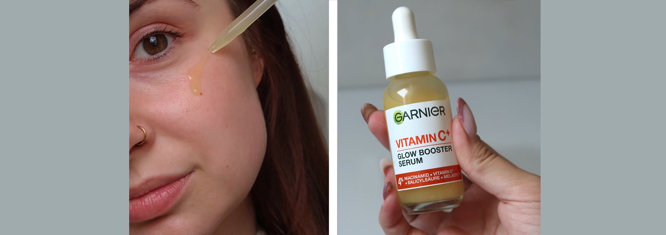 vitamin c serum von garnier wird im gesicht aufgetragen und auf dem anderen bild in der hand gehalten