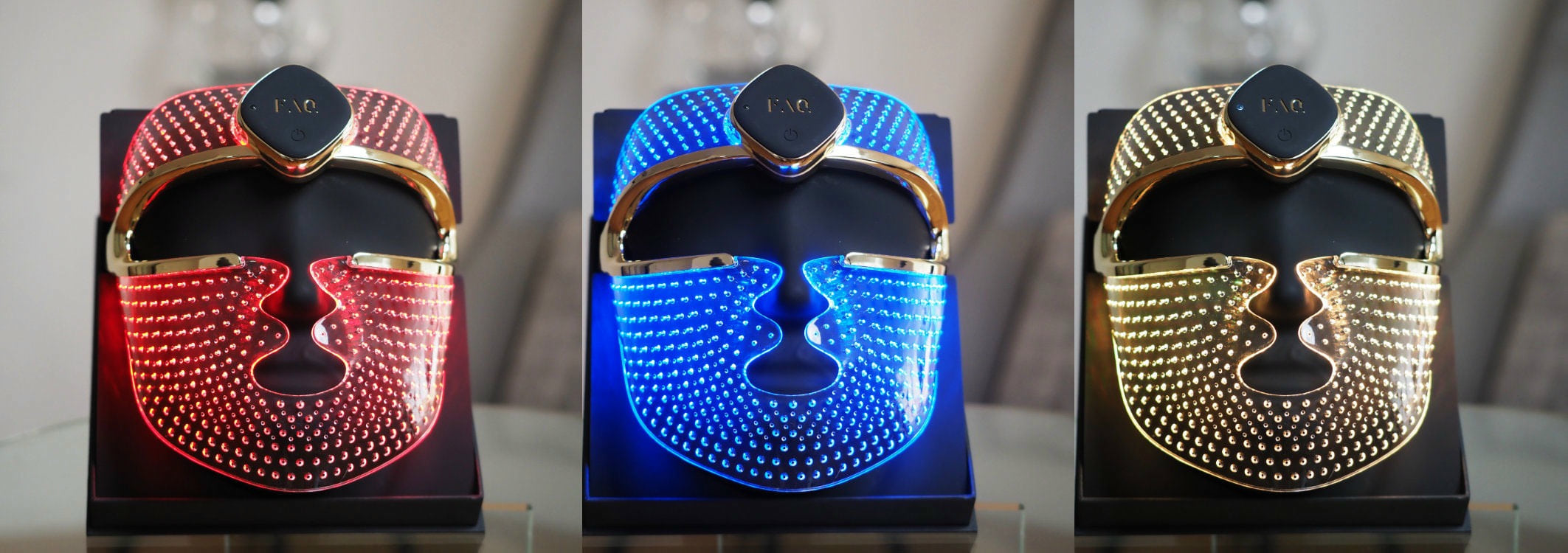 drei bilder der ledmaske welche in den unterschiedlichen farben leuchtet rot blau und gelb