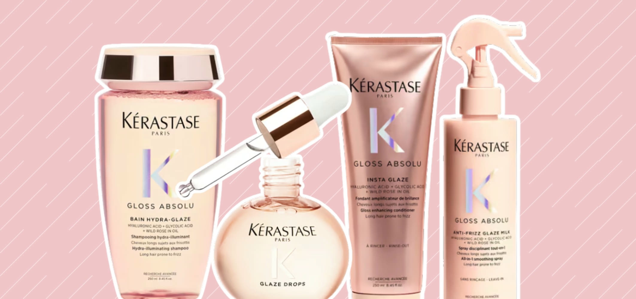 collage mit kerastase gloss absolu produkten auf pinkem hintergrund