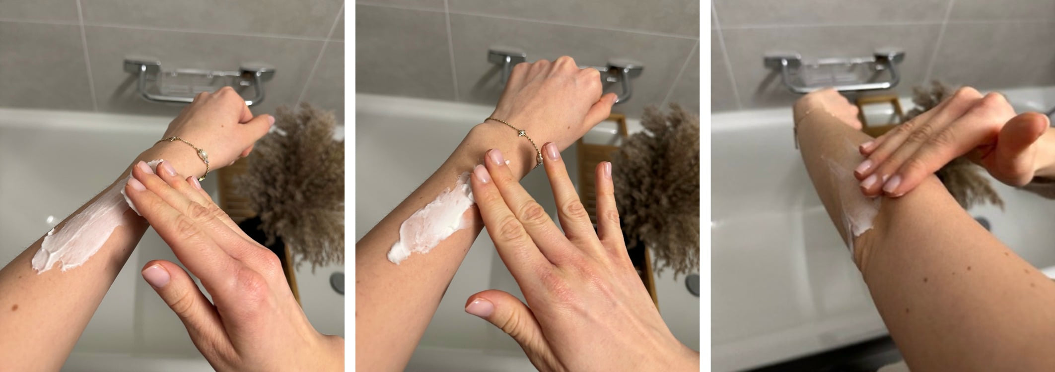 Trois images montrant une main appliquant une creme sur un bras