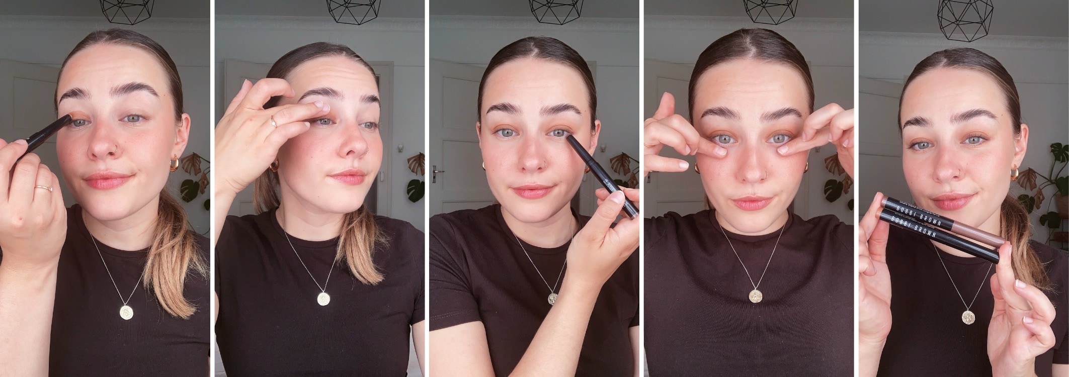 cinq photos dune femme montrant les etapes du maquillage
