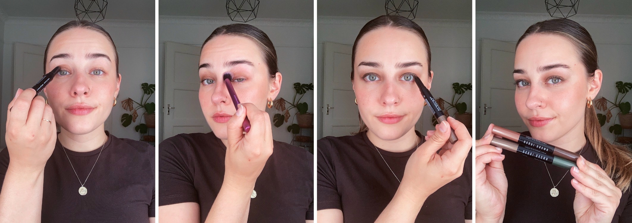 Quatre photos dune femme montrant les etapes du maquillage