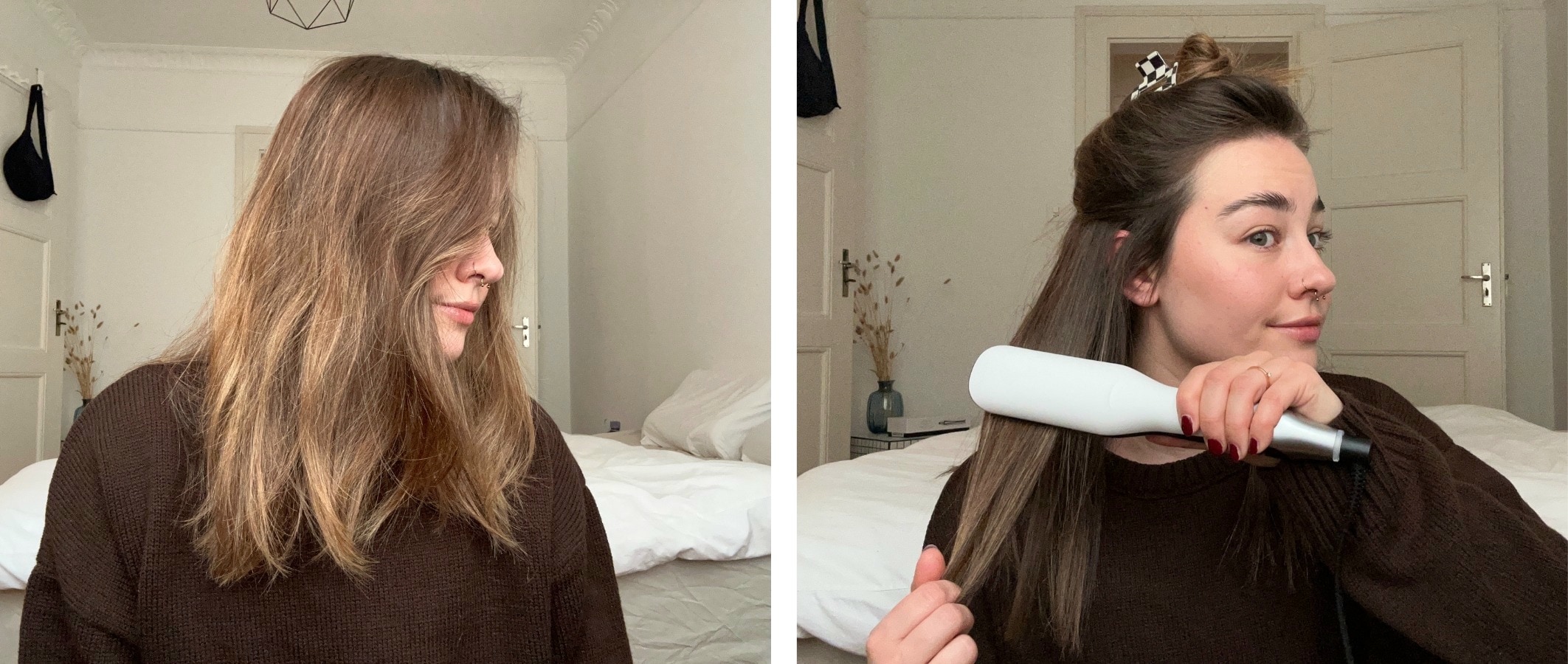 Deux photos avant apres a gauche cheveux bruns ondules a droite lisseur sur cheveux lisses