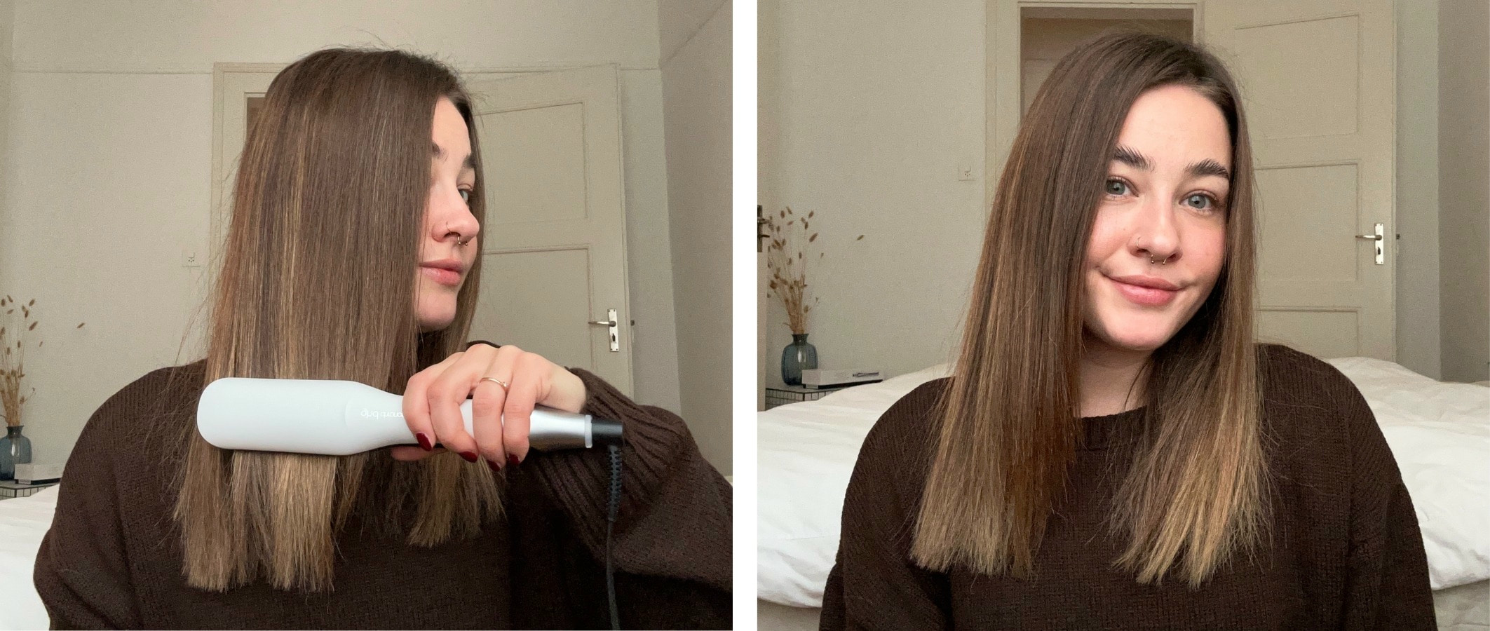 Deux photos a gauche cheveux lisses au fer à lisser, à droite, résultat final avec de longs cheveux bruns raides