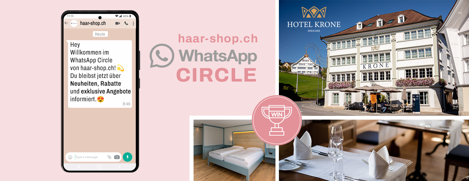 haar-shop Model hält Smartphone in den Händen und liest eine Nachricht zum WhatsApp Circle