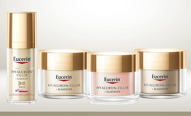 four eucerin anti-aging products HYALURON-FILLER + ELASTICITY