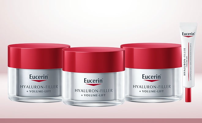 four eucerin anti-aging products HYALURON-FILLER + VOLUME LIFT